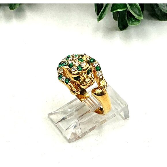 Gold-Tone Panther Ring With Green Crystal Accents sz 6.25 - Picture 1 of 8